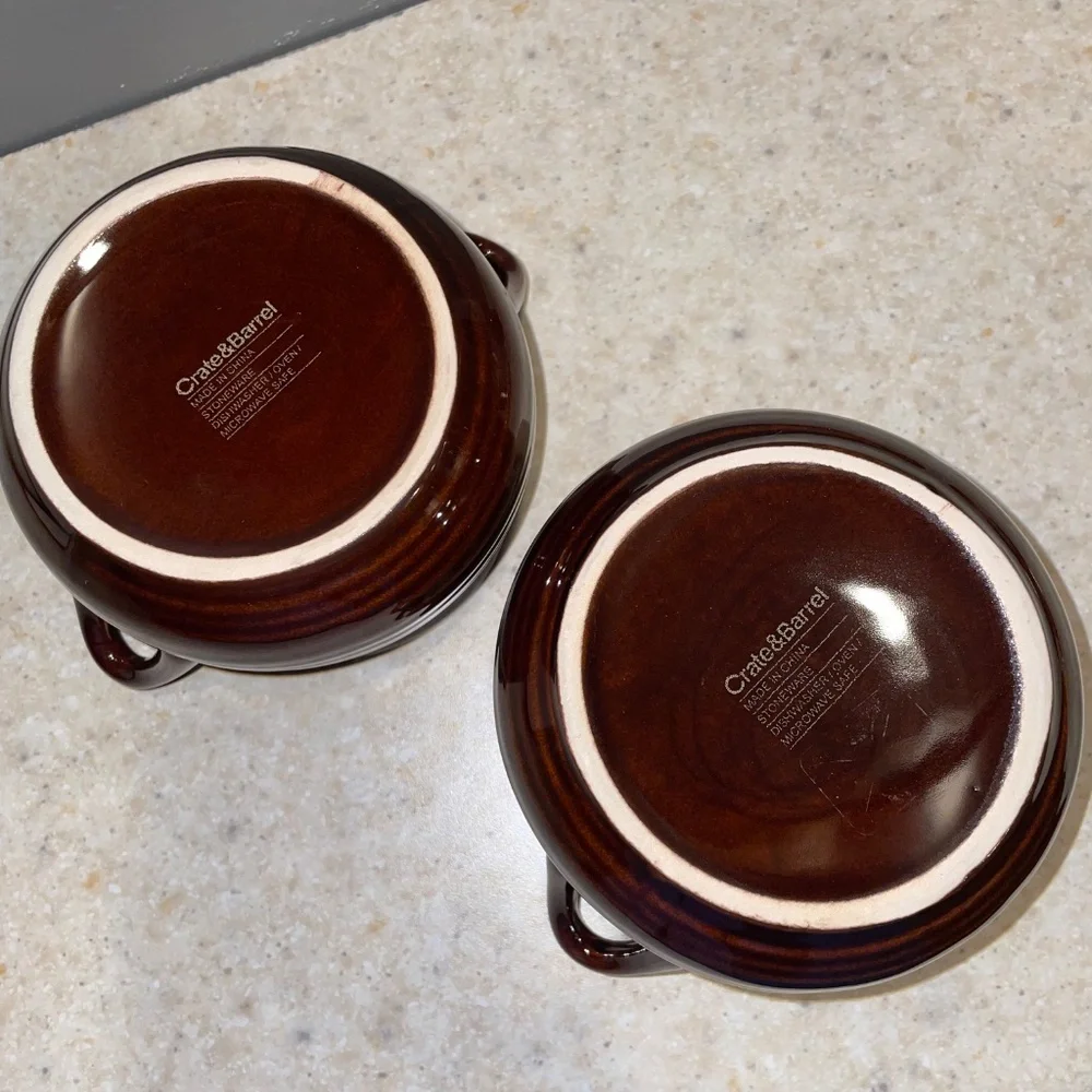 CRATE & BARREL Set of 2 Brunswick Stoneware Chili Soup Bowl Crock Brown Glazed